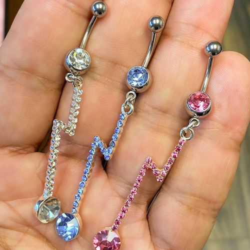 Belly Button Ring Surgical Steel with long Lightning design jewels 45mm long 14 Gauge