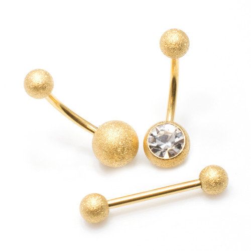Pack of 3 pieces. 2 Belly Button Ring One with Cz Gem, and a Tongue Barbell all items with Sand Finish