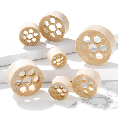 Ear Plugs Honey Comb Cut Front Natural White Crocodile Wood Saddle Plugs