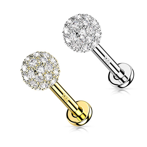 Labret Flat Back stud with CZ paved ball 14 Karat ball top 16 Gauge