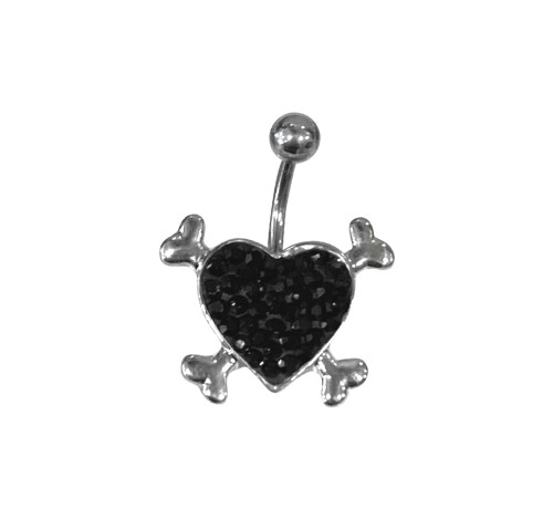 Black Paved CZ Heart Crossbones Belly Button Rings