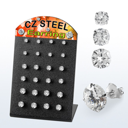 Earring studs with L-stand acrylic display with 12 pairs of stainless steel with 3mm to 5mm clear prong setting cubic zirconia gems