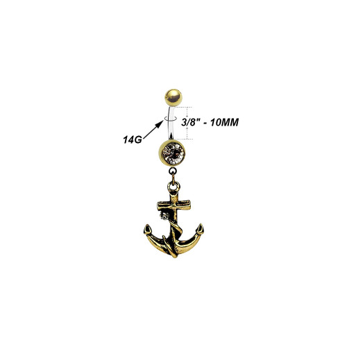 Vintage Brass Colored Anchor Dangle Belly Ring 14g