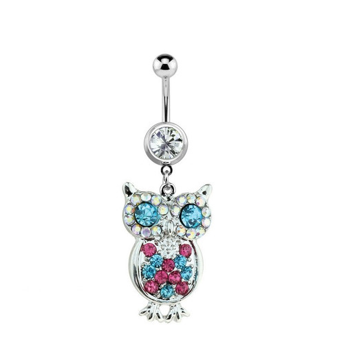 Owl Belly Button Ring 14G with Clear, Pink, and Blue Cz Gems Owl Belly Button Ring 14G with Clear, Pink, and Blue Cz Gems