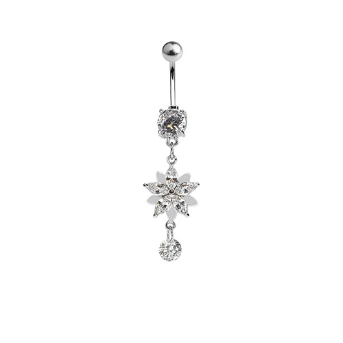 CZ Gem Flower Dangling Belly Navel Ring Surgical Steel 14g