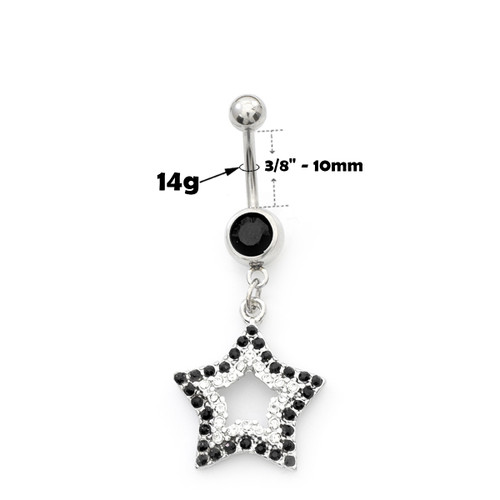 Black Star Paved CZ Dangle Design 14ga Surgical Steel 14g