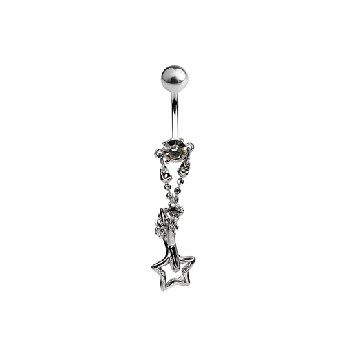 Double Star Charm Chained To CZ Dangle Navel Belly Ring Surgical Steel 14g