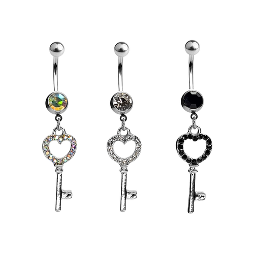 CZ Paved Heart Key Dangle Navel Belly Ring Surgical Steel 14g Sold individually