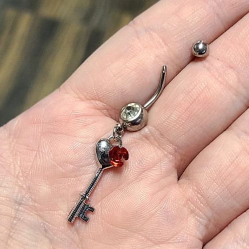 Dangling Heart Key CZ Externally Threaded Belly Ring