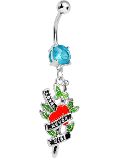 Belly Navel Dangle Ring Surgical Steel Love Never Dies Tattoo Charm with Blue CZ Gem 14g Belly Navel Dangle Ring Surgical Steel Love Never Dies Tattoo Charm with Blue CZ Gem 14g