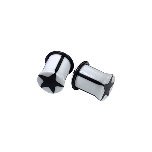 Pair of Ear Plugs Acrylic O-ring Black Star Design - Different gauges available