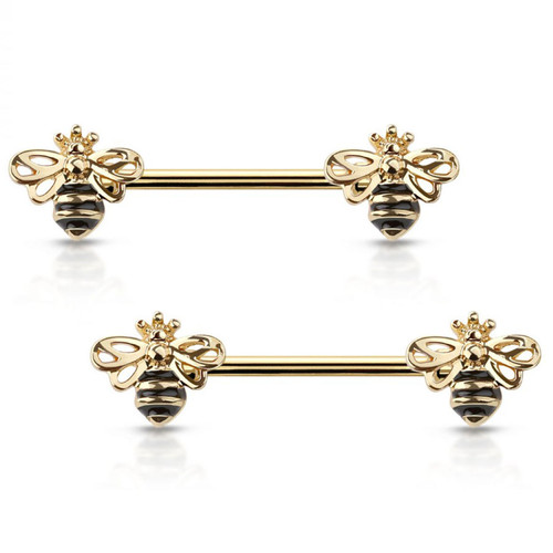 Nipple Barbells Queen Bee ends design 14 Gauge surgical steel ion plated gold sold as pair