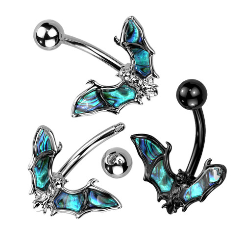 Navel belly ring Bat with Abalone Shell Wings  Surgical Steel Belly Button Curved Bar - Sold Individually