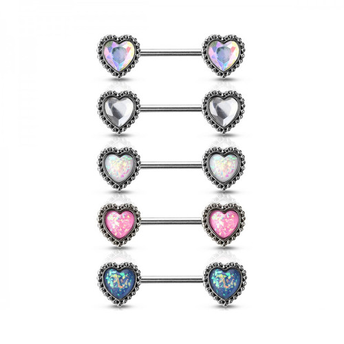 Nipple barbells ring 14 Gauge Synthetic opal antique style heart designs Sold as a pair