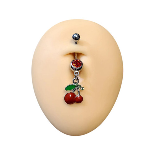 Dangling Cherry CZ Externally Threaded Belly Ring