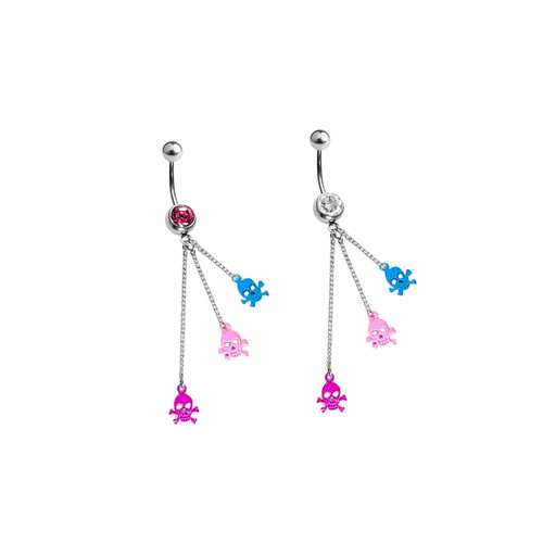 Belly Navel Ring Dangle CZ Jewel Triple Colorful Skull Charms Surgical Steel 14g Sold individually