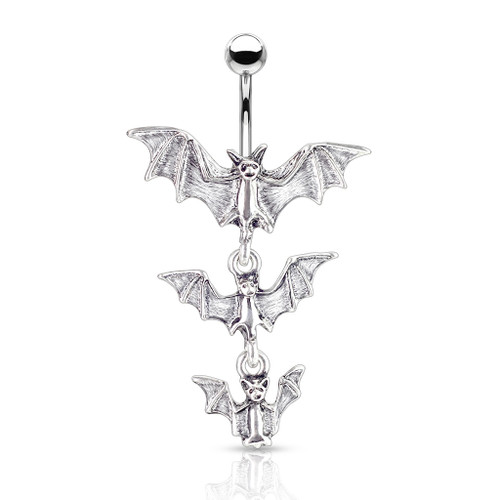 Belly Button Ring Navel Gothic Dangling Tri-Vampire Bats Stainless Steel 14 Gauge