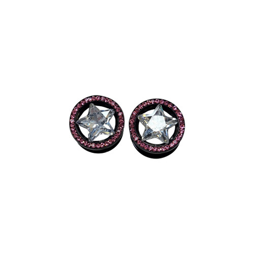Pair of Black Ion Plated Star with Pink CZ Ear Gauges Plugs Screw Fit Surgical Steel