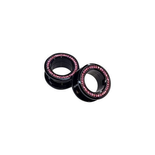 Pair of Screw Fit Black Ion Plated Surgical Steel Flare Tunnels with Press Fit Pink CZ Jewels