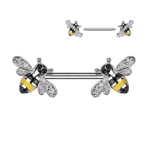 Nipple Ring Straight Barbell With CZ Bee Ends Surgical Steel 14 Gauge fit most pierced nipples sold as a pair