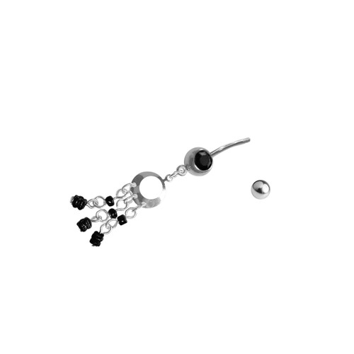 Belly Navel Ring Surgical Steel Triple Dangle with Black Beads Gothic Art Deco Style 14 Gauge