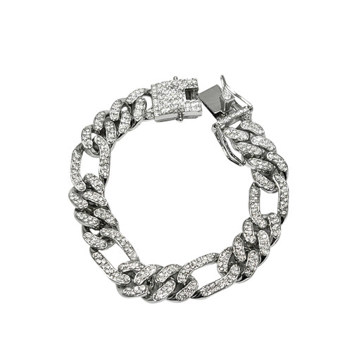8" Silver CZ Paved Bling 13mm Figaro Link Chain Bracelet
