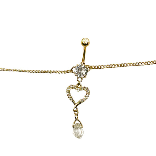 Belly Chain Button Navel Ring Surgical Steel Gold Plated Waist Belly Chain with Heart CZ Jewels Dangle Charm 14 Gauge
