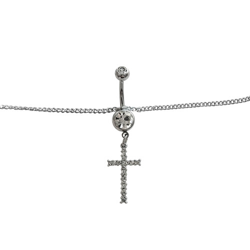 Belly Chain Button Navel Ring Surgical Steel Waist Belly Chain with Dangle Paved Cross Charm 14 Gauge