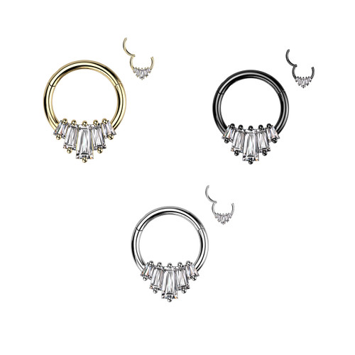 Hinged Segment Hoop Ring With 5 Baguette CZ Fan Surgical Steel good for most piercings 16 Gauge
