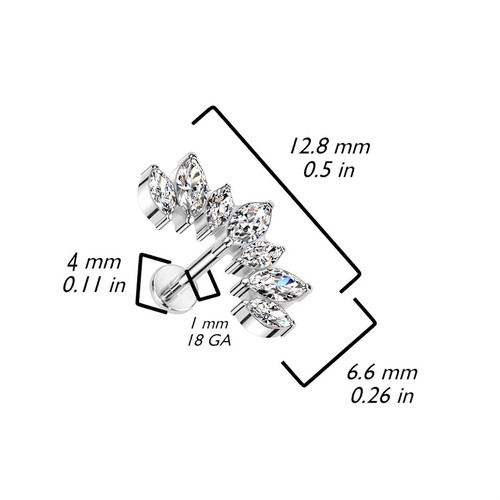 Titanium 18G Push In Threadless Marquise CZ Set Labret Flat Back Studs