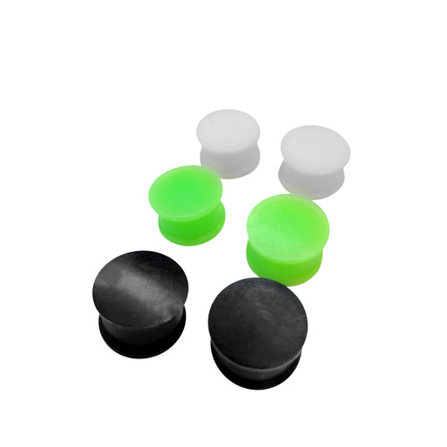 Pair of Ear Gauges Plugs Flexible Silicone Design Black Green White 6g thru 20mm