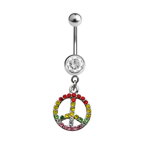 Belly Navel Ring Dangle Rainbow CZ Jewels Peace Sign Surgical Steel 14 Gauge Belly Navel Ring Dangle Rainbow CZ Jewels Peace Sign Surgical Steel 14 Gauge