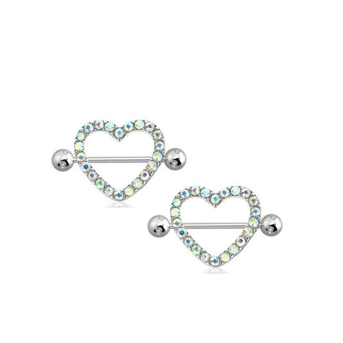 AB  Gem Paved Heart Nipple Shield Ring Piercing jewelry  14 Gauge  3/4" Length