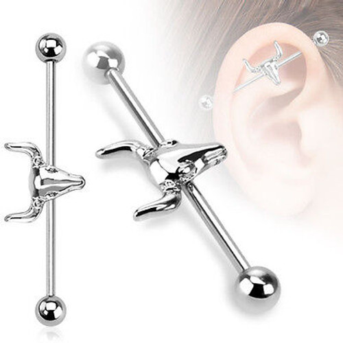 Ear Industrial Barbell with Long Horn Bull Design Surgical Steel 14 Gauge