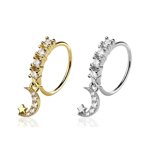 Dangle Crescent Moon Star CZ Bendable Nose Hoops
