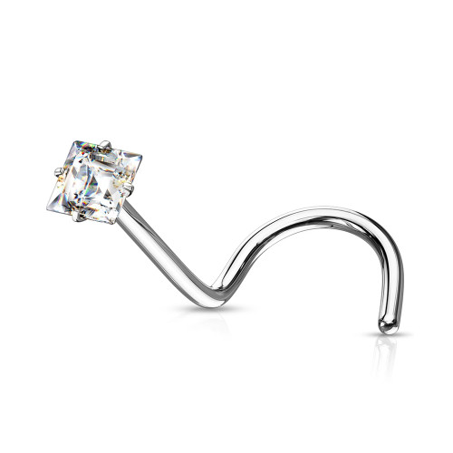 Prong Square CZ Corkscrew Nose Ring