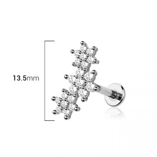 16G Internally Threaded Triple Flower CZ Tops Flat Back Earrings Studs