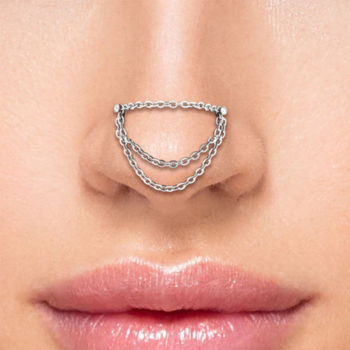 20G Nose Chain Ring Bone Stud Crystal CZ