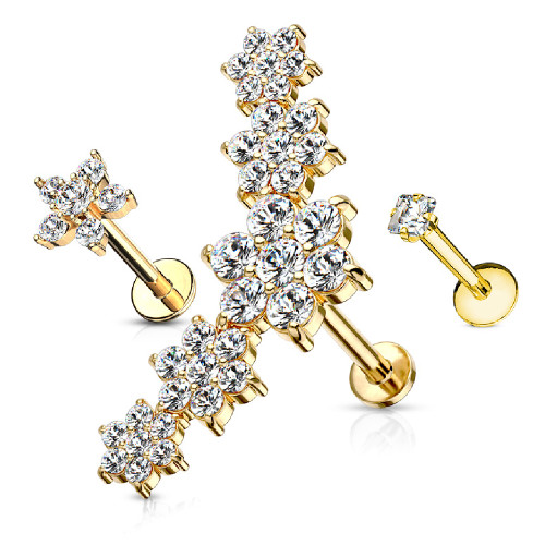 PVD Gold Cluster Flower CZ Labret Studs Earrings Set PVD Gold Cluster Flower CZ Labret Studs Earrings Set