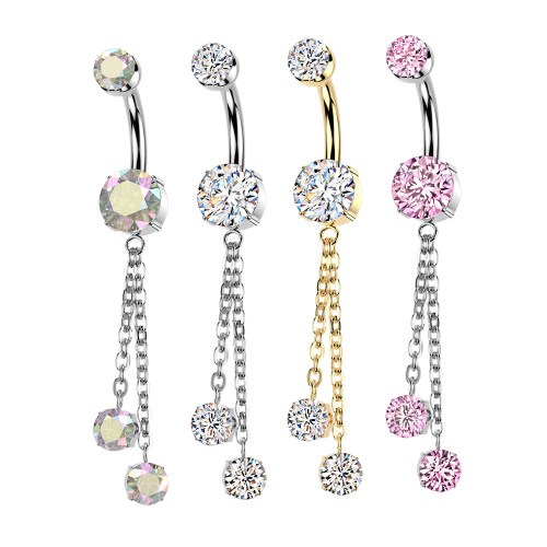 Double Chain Dangle CZ Belly Button Rings