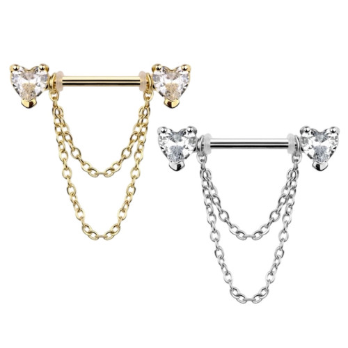 Dangling Chain Heart CZ Nipple Barbell
