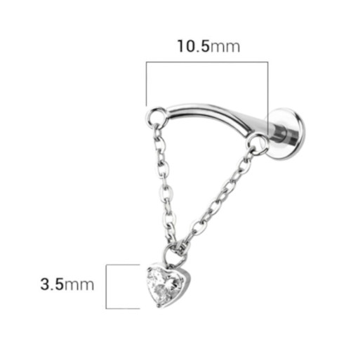 18G Curved Bar Dangle Chain Hear CZ Flat Back Labret Studs