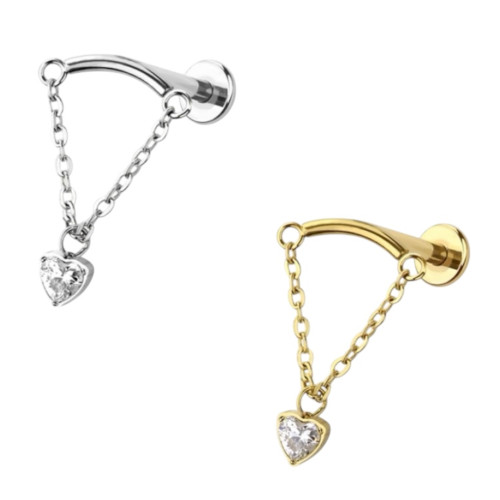 Dangle Chain Hear CZ Labret Studs Dangle Chain Hear CZ Labret Studs