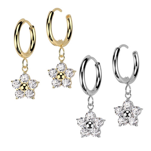 Dangle Flower CZ Hinged Hoop Earrings