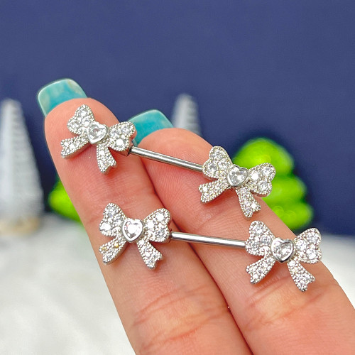 14G Pearl Bow Tie CZ Nipple Barbells Rings Piercings Jewelry