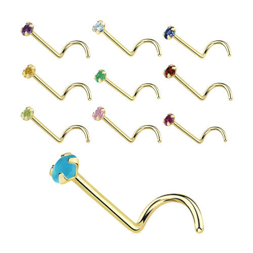 Prong Genuine Stone Corkscrew Nose Rings