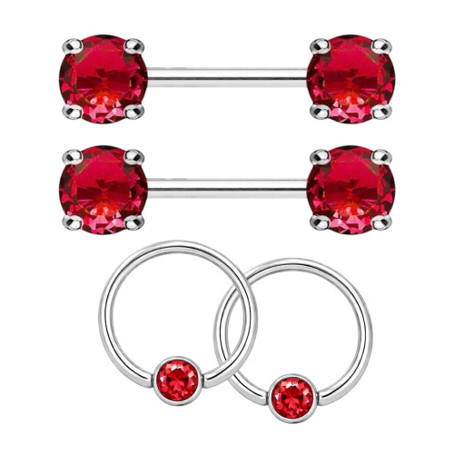 Red CZ Captive Bead Rings & Nipple Barbells