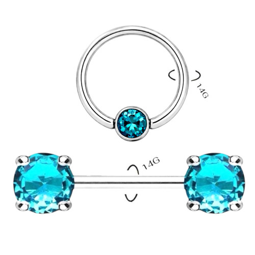Surgical Steel 14G Light Blue CZ Captive Bead Ring