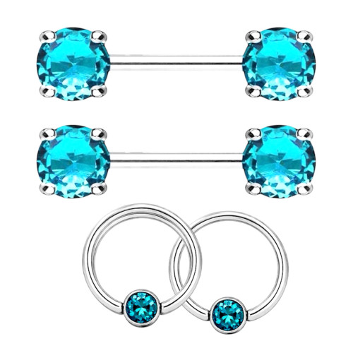 Light Blue CZ Captive Bead Rings & Nipple Barbells