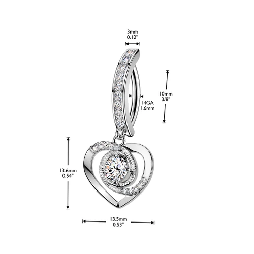 14G Paved CZ Heart Dangle Hinged Clicker Belly Ring